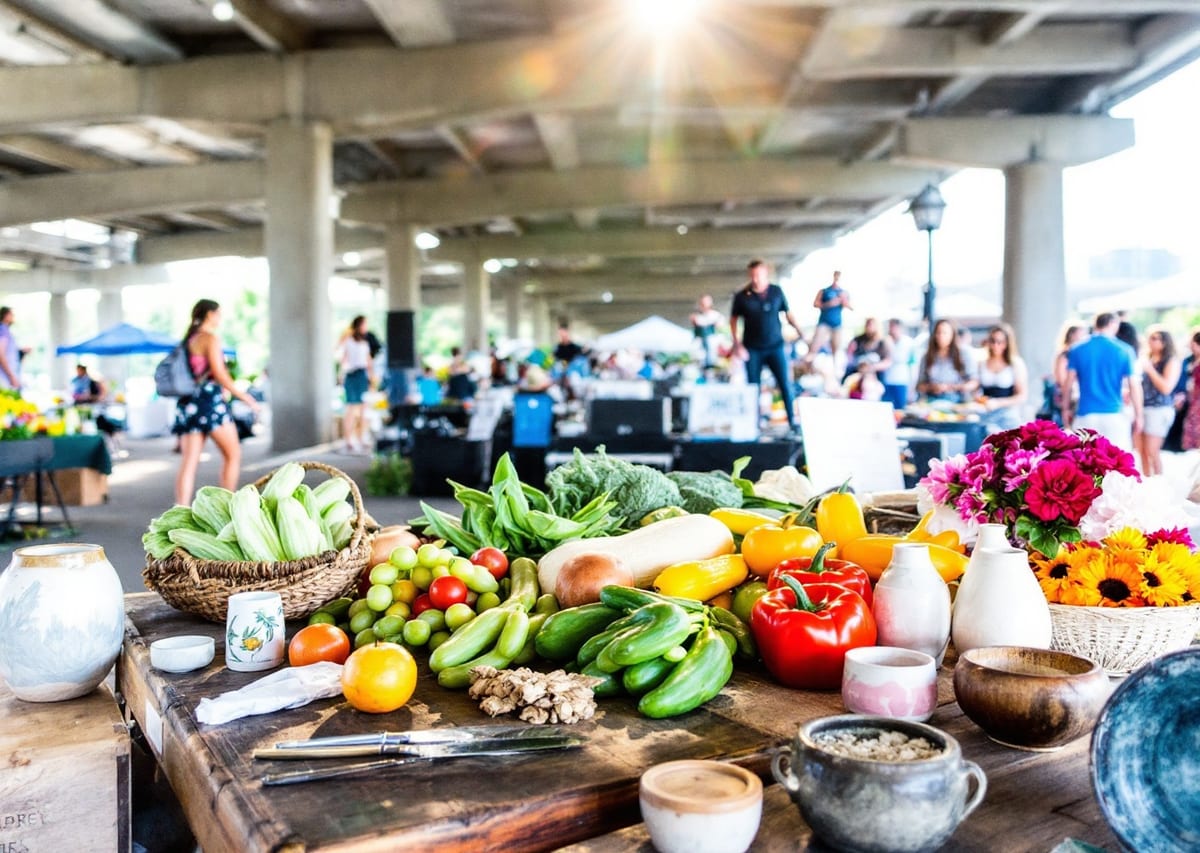 Атмосфера субботнего Riverside Arts Market с фермерскими продуктами и живой музыкой